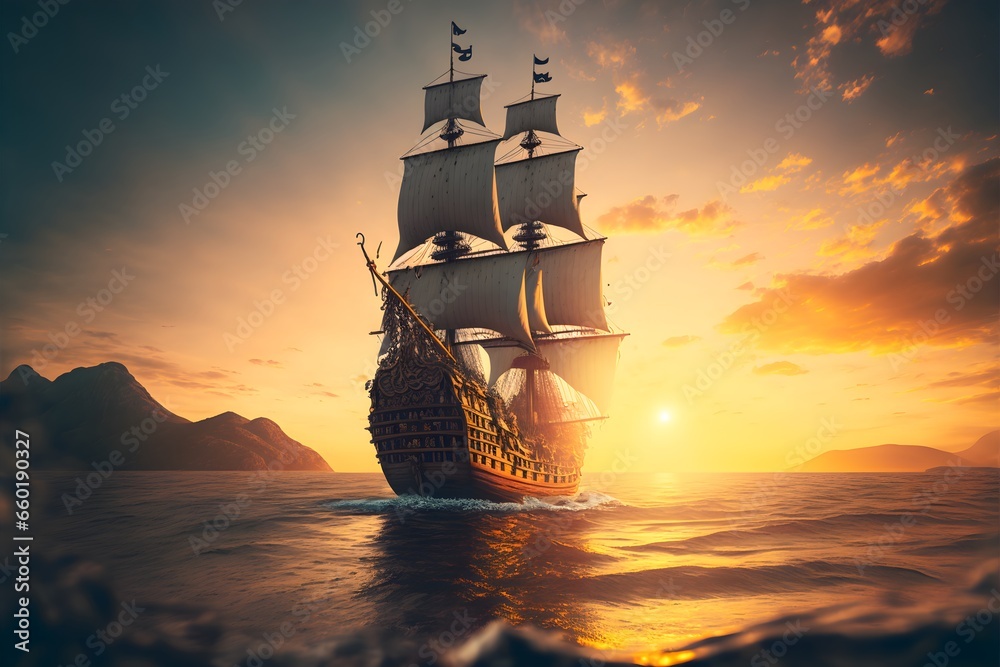 sailing ship galleon flying in the air toward a glorious sunset HD cinematography photorealistic epic composition Unreal Engine Cinematic Color Grading Depth of Field hyperdetailed beautifully 