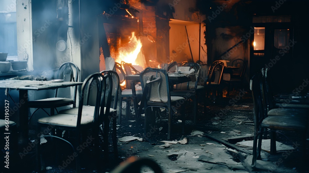abandoned restaurant with rotting food on plates. room is icy cold, broken chairs, a messy floor, and candles ignite with a haunting flame. generative AI - obrazy, fototapety, plakaty 