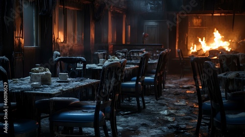 abandoned restaurant with rotting food on plates. room is icy cold, broken chairs, a messy floor, and candles ignite with a haunting flame. generative AI