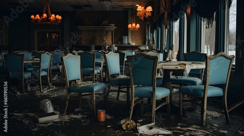 abandoned restaurant with rotting food on plates. room is icy cold, broken chairs, a messy floor, and candles ignite with a haunting flame. generative AI