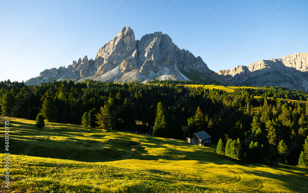 Obraz premium Scenic view of Valley against Munt de Fornella in Dolomites mountains. South Tyrol, Italy, Europe