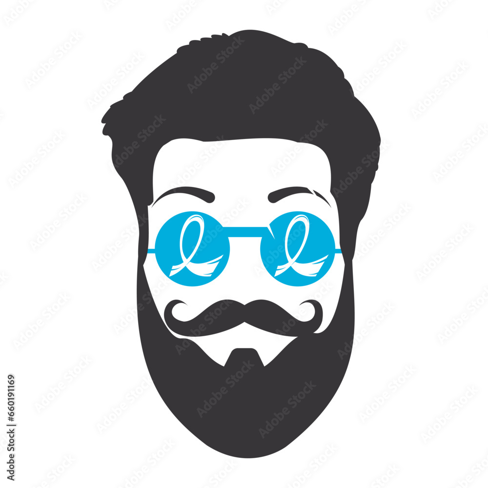 Prostate cancer awareness month. Men's health concept. Mustaches and blue ribbon background. 