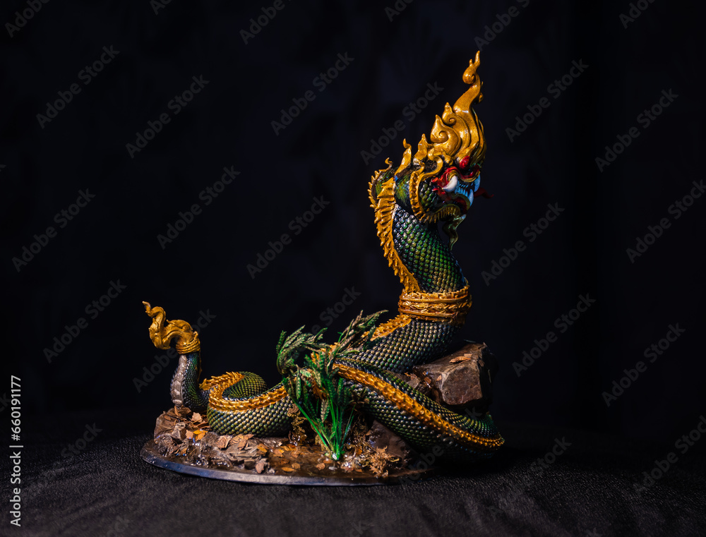 King of naga, naka Thailand dragon or serpent king in the dark - obrazy, fototapety, plakaty 