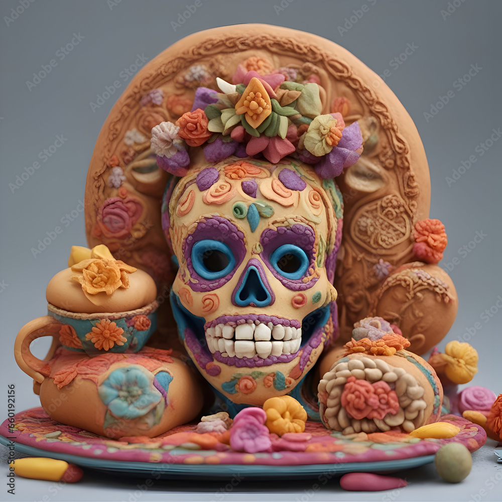 Mexican sugar skullrated with flowers and candies on plate