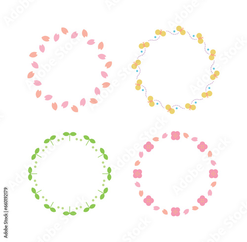A set of colorful border frame illustrations with spring season concept icons in a circle. Flowers, buds, butterflies, petals, cherry blossoms, leafs, etc.