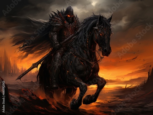 Black horseman of the apocalypse with sword riding black horse AI