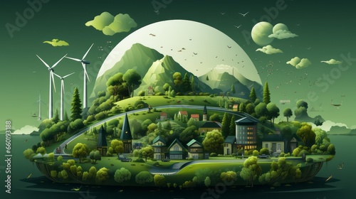 A concept art of green energy and eco friendly city. Green concept  Fantasy art