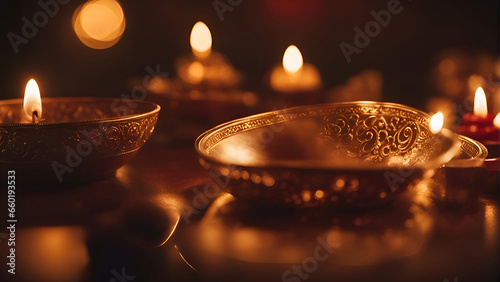 Beautiful diya lamps lit during Diwali celebration. Selective focus