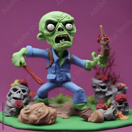 Plasticine monster with a knife in his hand. Halloween background.