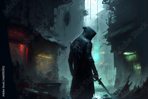 cinematic dark dystopian slums a vicious cyberpunk throws a knife 