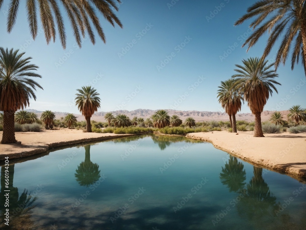 A desert oasis with date palm trees surrounding a tranquil pond reflecting the scene