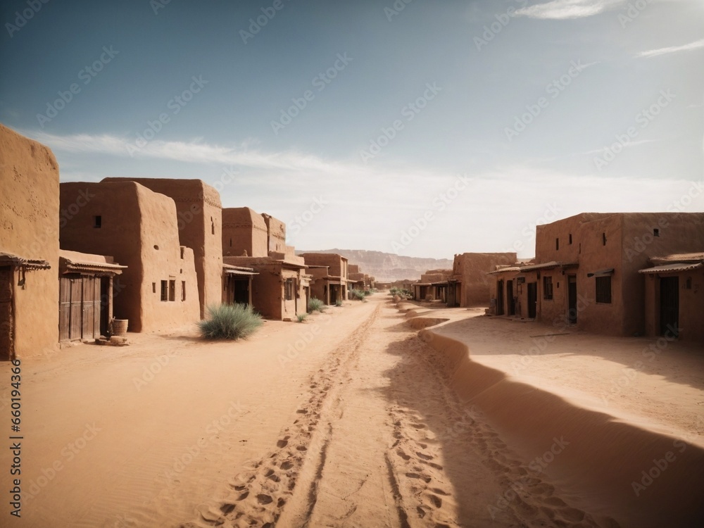 An ancient desert city with mud-brick buildings