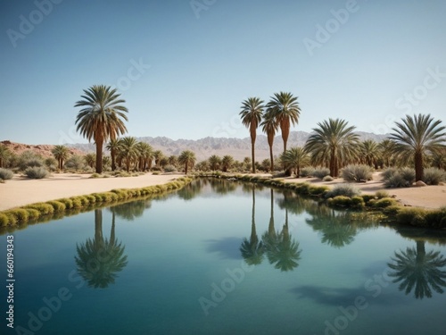 A desert oasis with date palm trees surrounding a tranquil pond reflecting the scene © Meeza