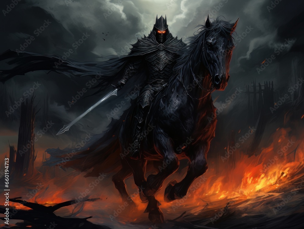 Black horseman of the apocalypse with sword riding black horse AI Stock ...