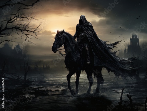 Black horseman of apocalypse riding black horse AI