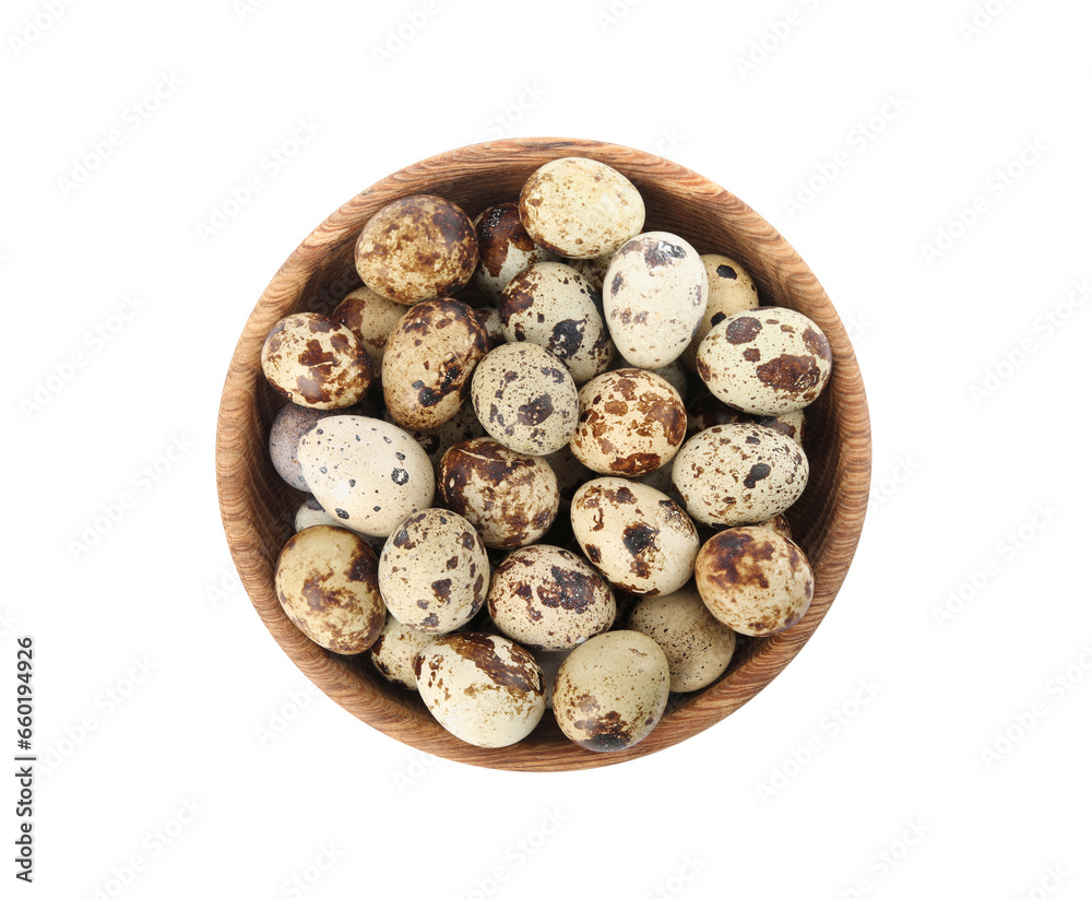 Wooden bowl with quail eggs isolated on white, top view Wooden bowl with quail eggs isolated on white, top view