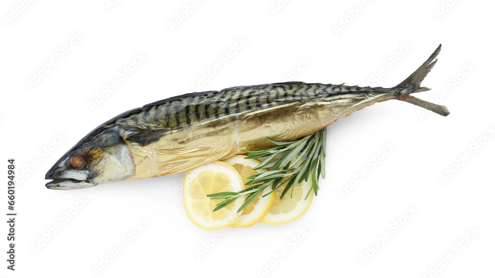 Delicious smoked mackerel, lemon slices and rosemary on white background, top view