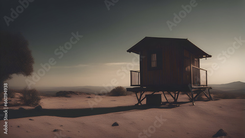 Wooden hut in the desert at sunset. 3d rendering. © Waqar