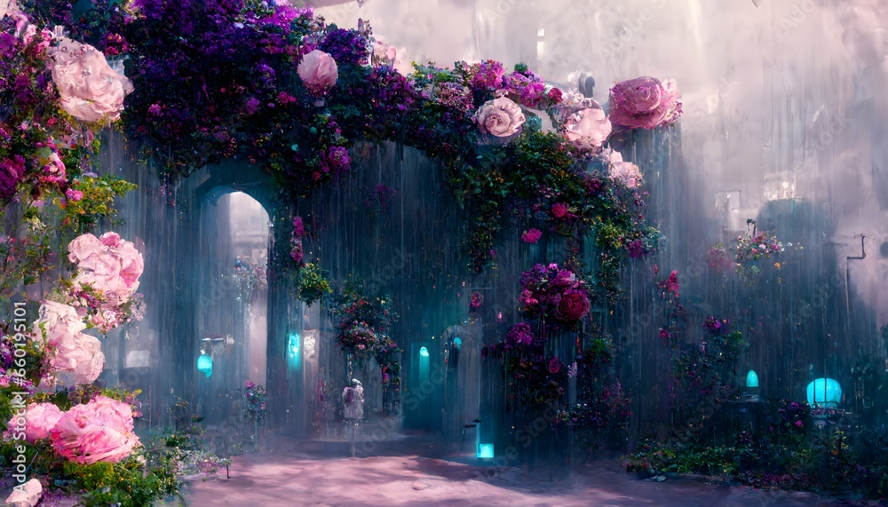 environment rain falling upon a spring garden tiffany blue pink purple white jasmine wisteria roses ivy portal made of roses steampunk sculptures fantasy ethereal hyperrealistic unreal engine 5  - obrazy, fototapety, plakaty 