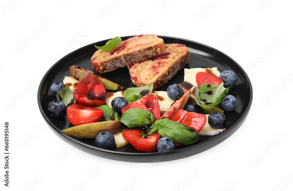 Plate of delicious salad with brie cheese, berries and balsamic vinegar isolated on white