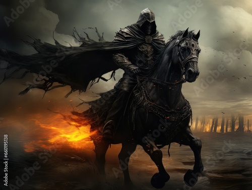 Black horseman of the apocalypse riding black horse AI