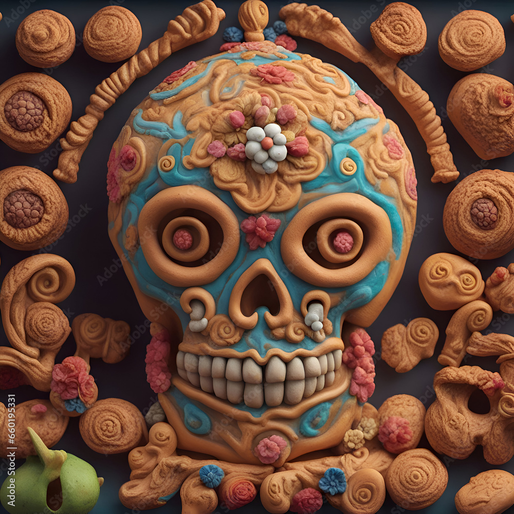 Mexican sugar skull with sweets and candies. 3d illustration