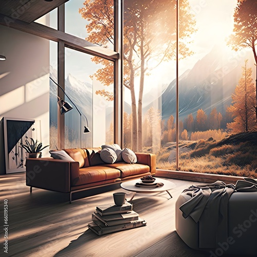 gorgeous open comfy large warm colorful interior design award winnig photograph beautiful sunlight trees mountain scenery and huge windows  photo
