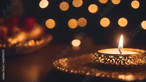 Burning candle in a candlestick with bokeh on background
