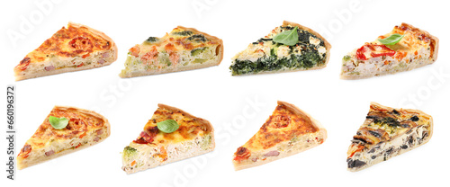 Pieces of different quiches isolated on white, set