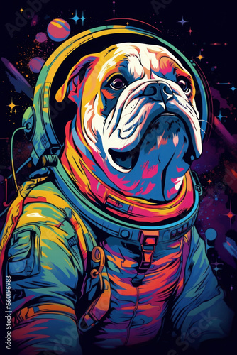 happy, cute dog astronaut flying in space. illustration for postcard, web, art design. colorful bulldog in a spacesuit