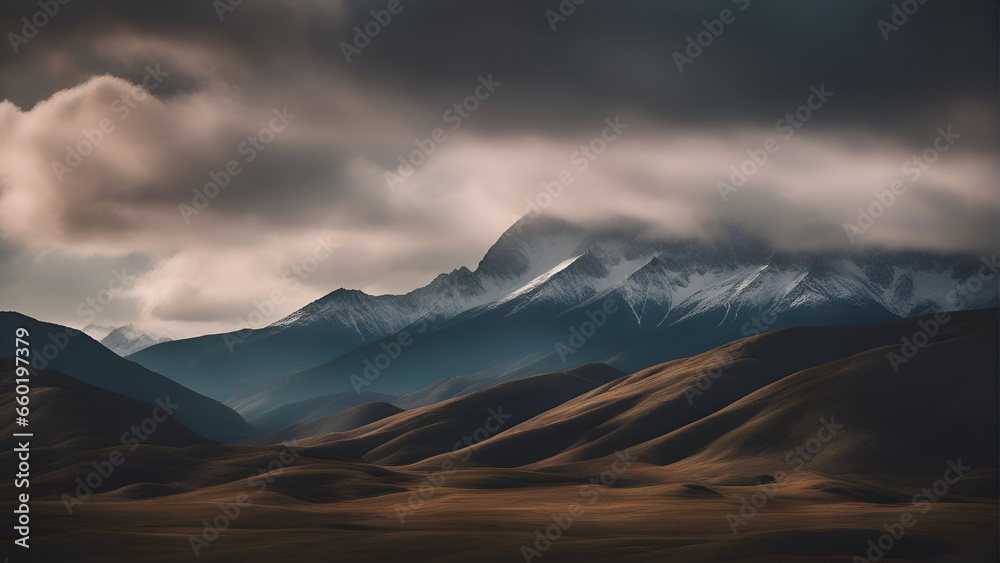 Mountain landscape with snow capped peaks in the clouds.