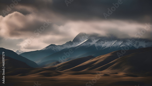 Mountain landscape with snow capped peaks in the clouds.