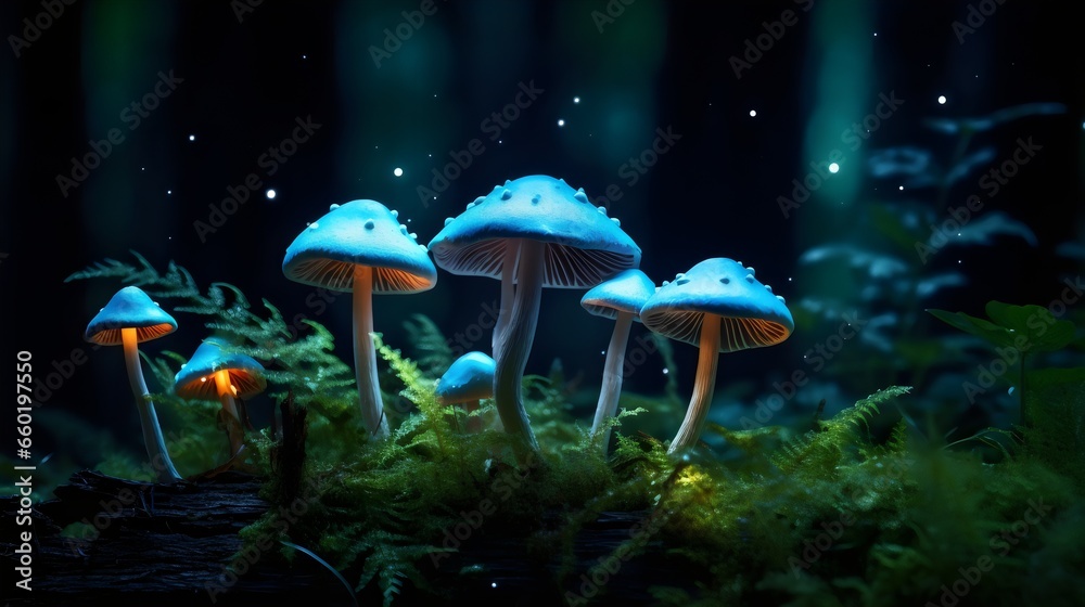 Fototapeta premium Illustration of a bioluminescent mushrooms in a dark forest, emphasizing the enchanting glow and mysterious atmosphere created by Generative AI