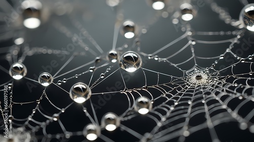Dewdrops on a spider web, highlighting the delicate and intricate design of the beauty of a nature, created by using Generative AI