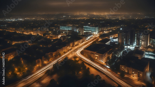 Aerial view of the city at night. Long exposure photography.