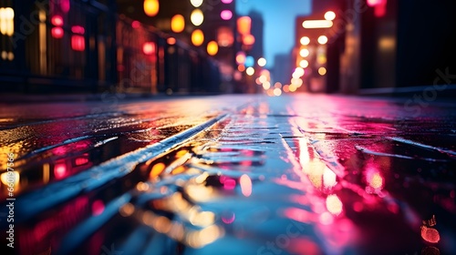 Abstract, Generative AI created illustration of neon lights reflected on a wet street, capturing vibrant colors and dynamic reflections, suitable for urban and modern designs. 