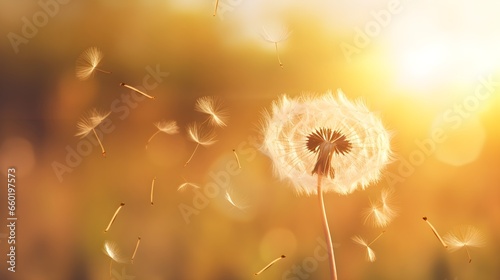Illustration of delicate dandelion seeds being blown away, backlit by warm, golden sunlight, suitable for themes of change, freedom, and softness. (Generative AI)