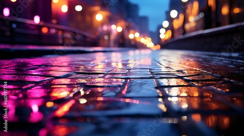 Abstract, Generative AI created illustration of neon lights reflected on a wet street, capturing vibrant colors and dynamic reflections, suitable for urban and modern designs. 