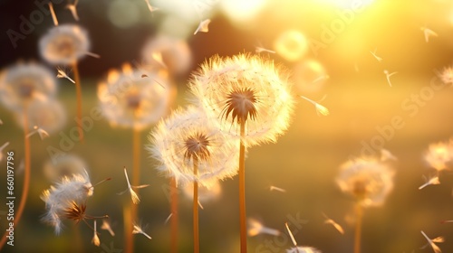 Illustration of delicate dandelion seeds being blown away  backlit by warm  golden sunlight  suitable for themes of change  freedom  and softness.  Generative AI 