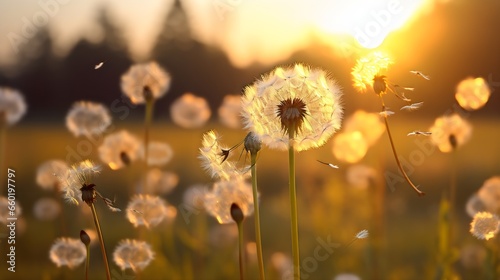 Illustration of delicate dandelion seeds being blown away, backlit by warm, golden sunlight, suitable for themes of change, freedom, and softness. (Generative AI) photo