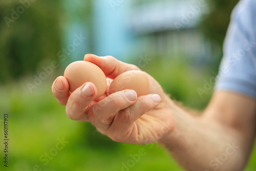 A man's hand holds two eggs. Selective focus on hands with blurred background © Iurii Gagarin