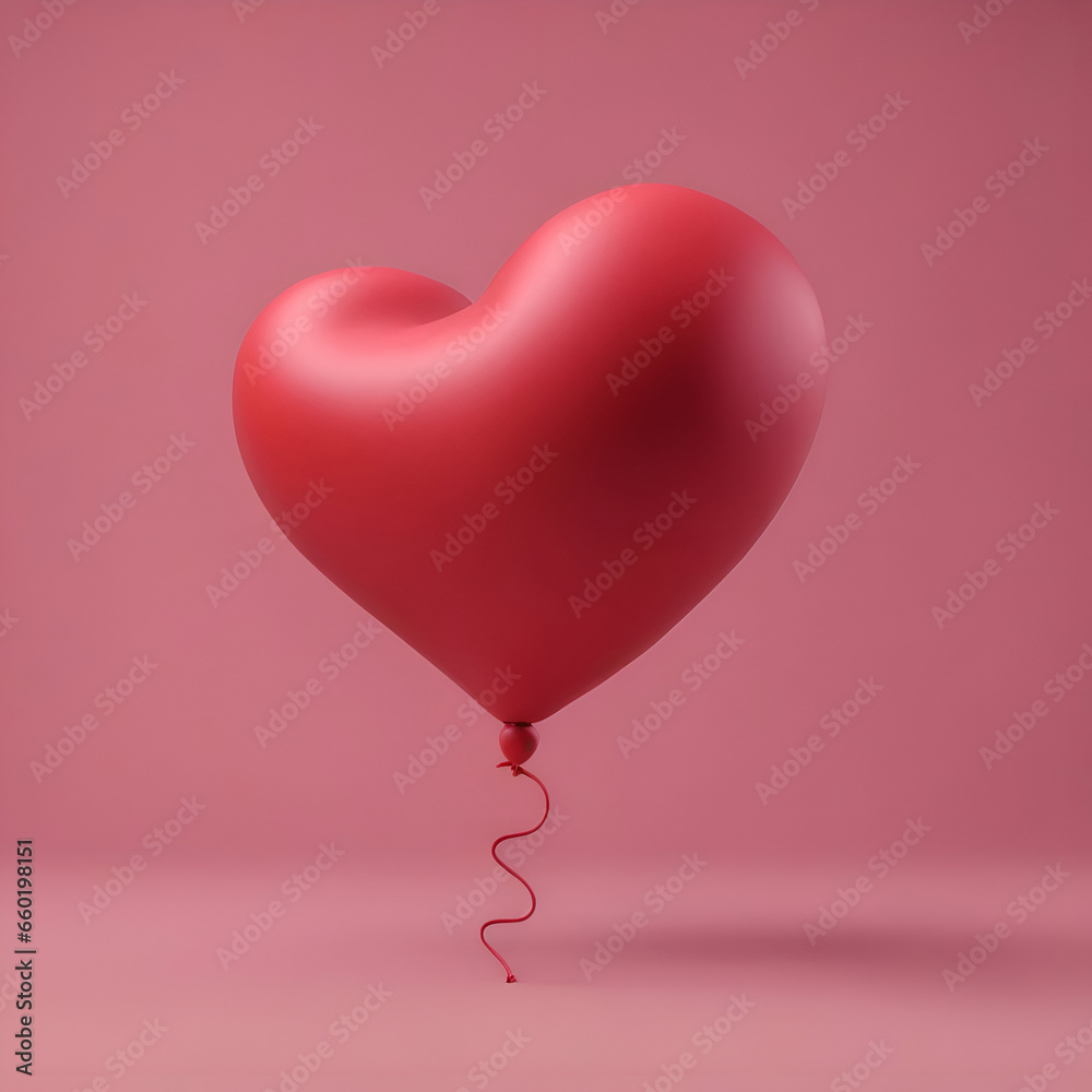 Red heart shaped balloon on a pink background. 3D Rendering