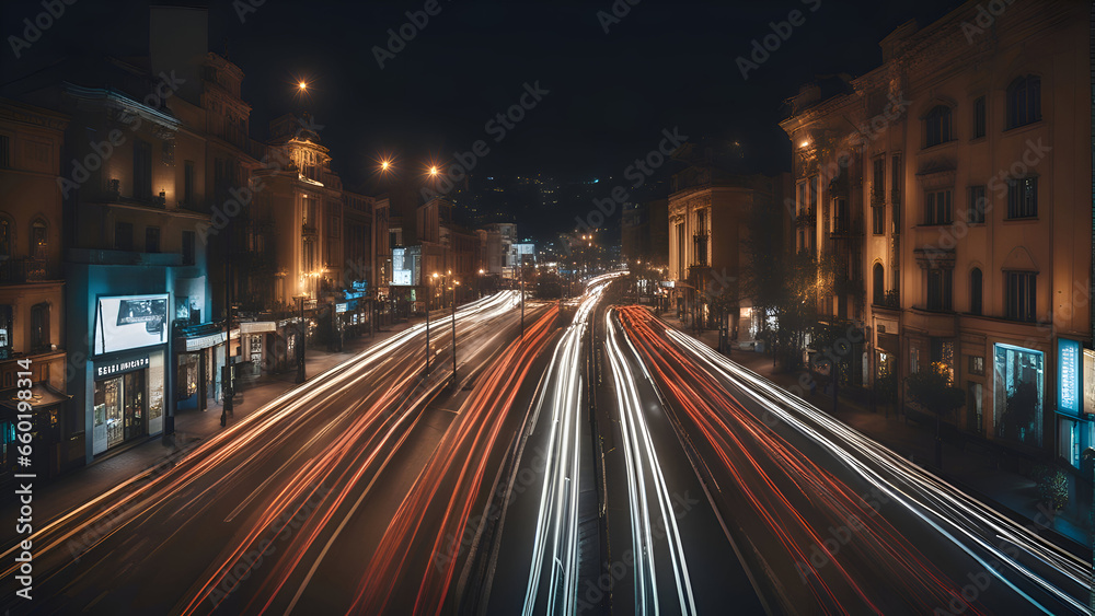 Car light trails on the street at night. Istanbul. Turkey.