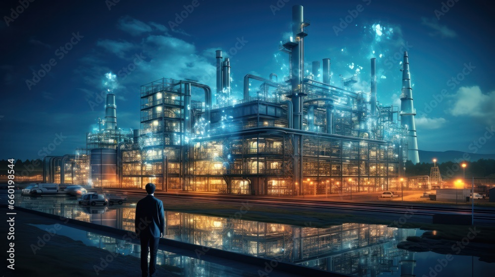 Modern factory, communication network. Telecommunication. IoT, Internet of Things, ICT, Information communication Technology,. Smart factory. Digital transformation, cloud connecting, generate by AI Modern factory, communication network. Telecommunication. IoT, Internet of Things, ICT, Information communication Technology,. Smart factory. Digital transformation, cloud connecting, generate by AI