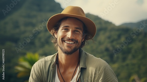 close-up shot of a good-looking male tourist. Enjoy free time outdoors near the mountain. Looking at the camera while relaxing on a clear day Poses for travel selfies smiling happy tropical