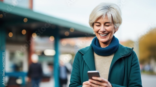 Happy senior female holding smartphone using mobile phone app. Technology, communication, happy adult woman with smartphone at home, recreation, communication, sociality, hobbies, adaptation, AI gen photo