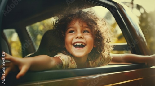 Happy children stretches her arms while sticking out car window. Lifestyle, travel, tourism, nature..family, travel, children, trip, journey, transportation.