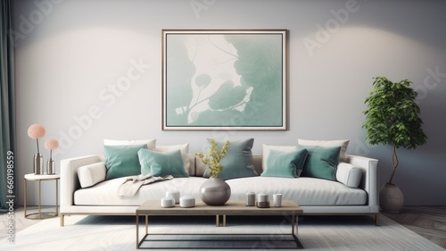 interior design of modern living room with beige fabric sofa and cushions. White wall with frame and space for text, living, furniture © pinkrabbit