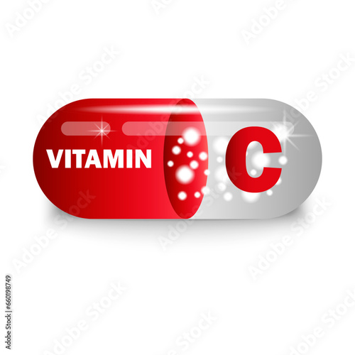 Vitamin C in red capsule. Health pill. Vector illustration. EPS 10.