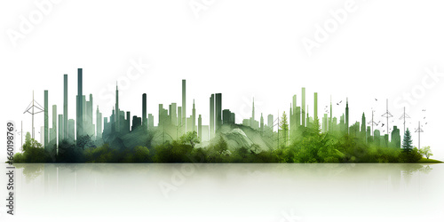 grass and water reflection, city, skyline, silhouette, urban, black, usa, chicago, landscape, skyscraper, cityscape, Green modern cityscape in abstract art with forest double exposure, generative AI 
